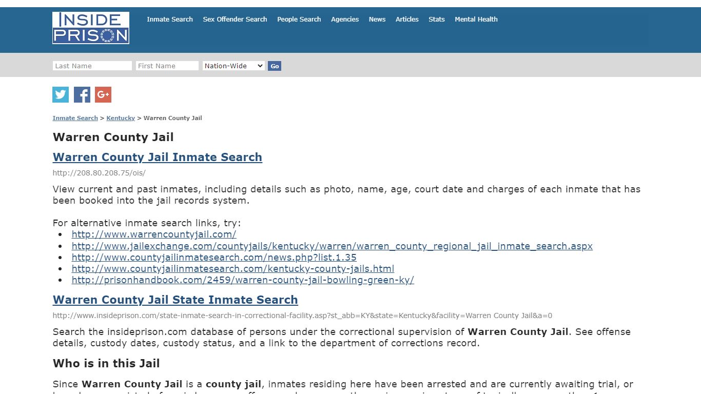 Warren County Jail - Kentucky - Inmate Search